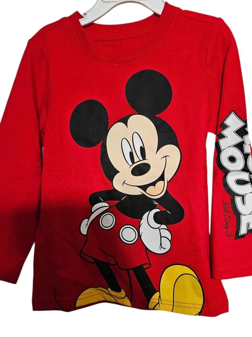 Disney Red Mickey Mouse Long Sleeve Tee with Yellow Shoes Graphic
